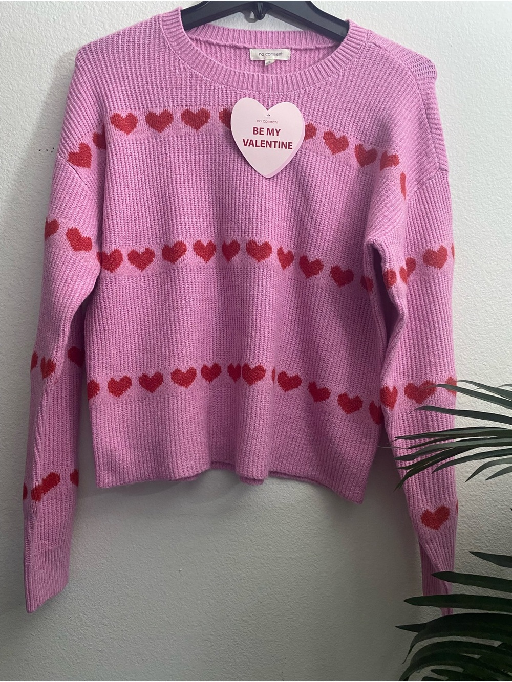 No Comment Pink Heart-Stripe Crewneck Sweater